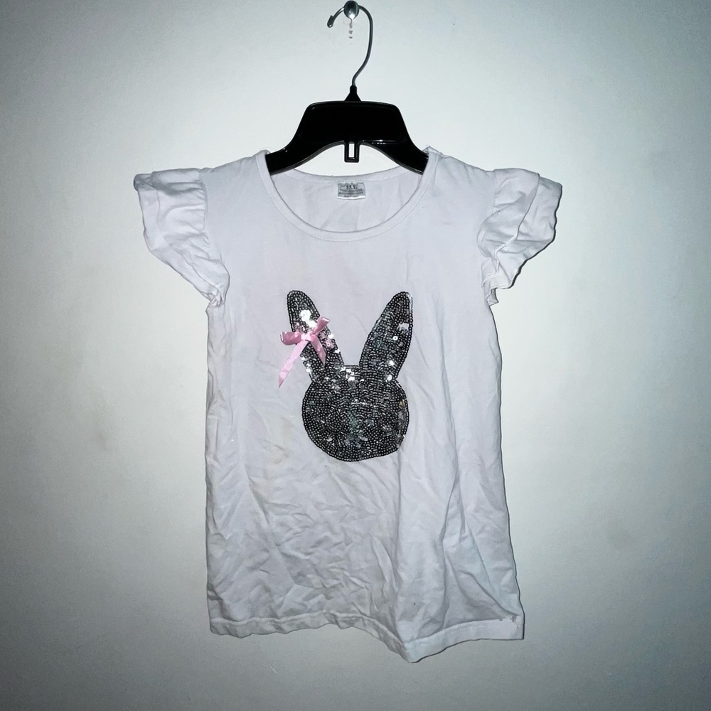 White girls childrens Kids Shirt with Sequin Bunny Design